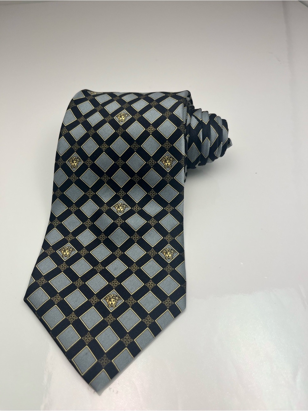 Versace Black and Light Blue Geometric Silk Tie with Gold Medallions